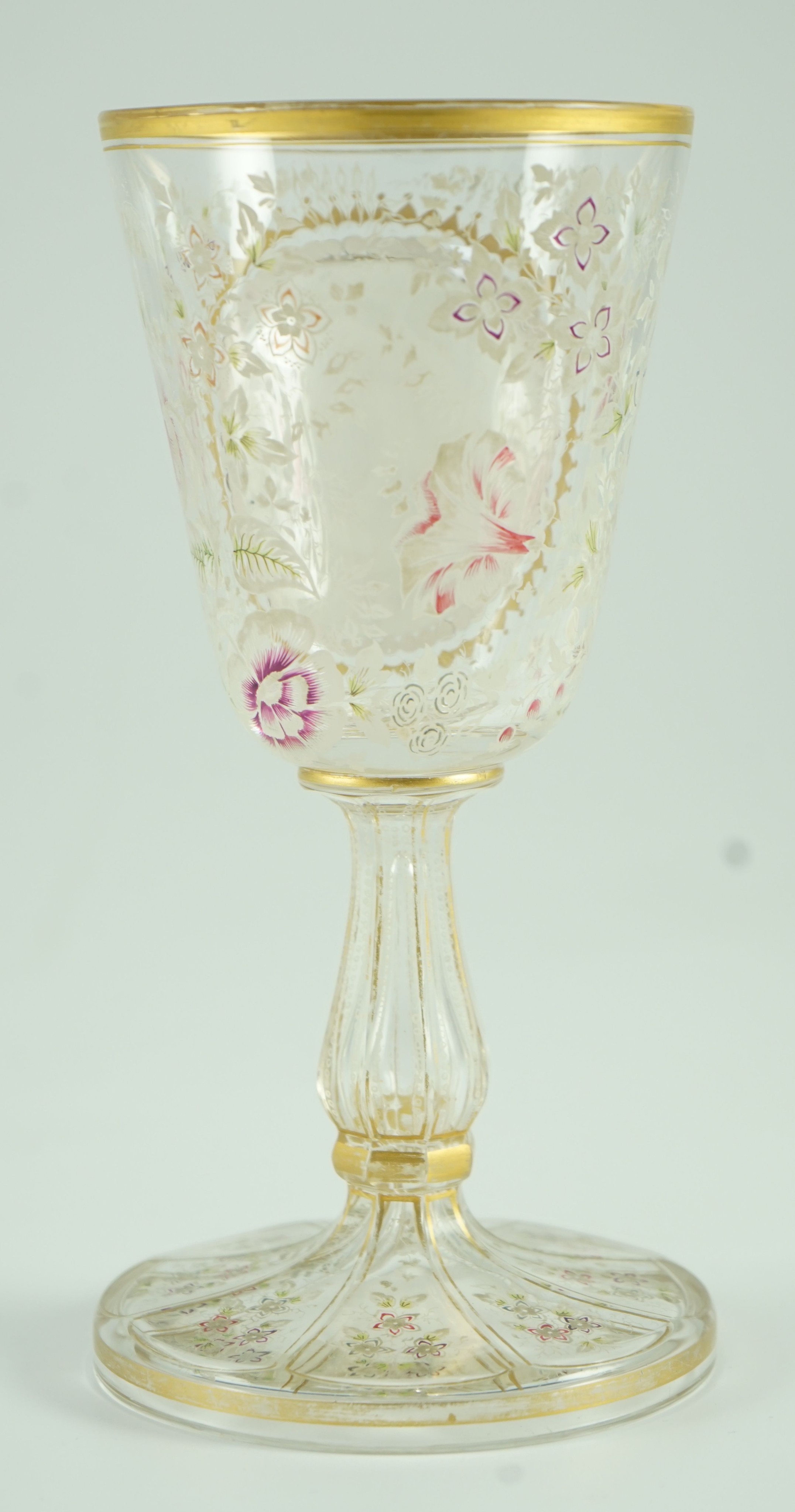 A Bohemian enamelled glass ‘Kingfisher’ goblet, late 19th century, 19.5 cm high